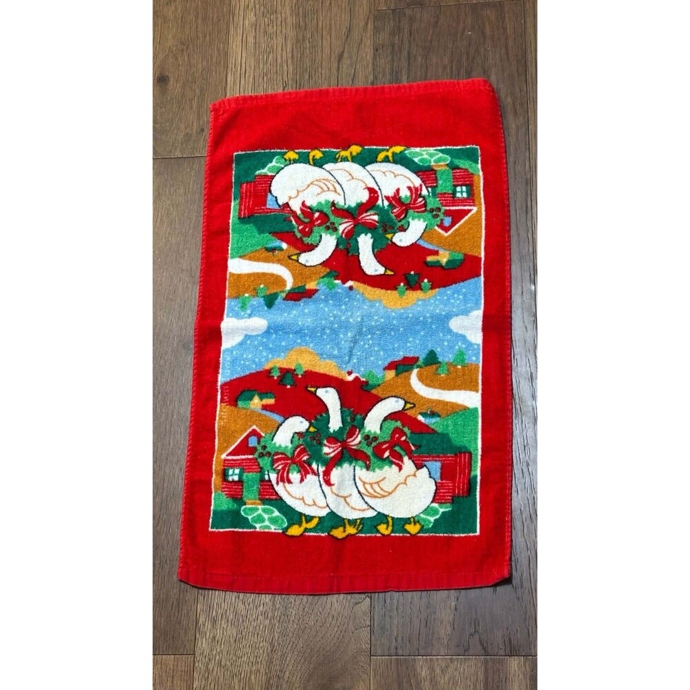 Vintage Country Geese Christmas Kitchen Towel Franco Red Cotton